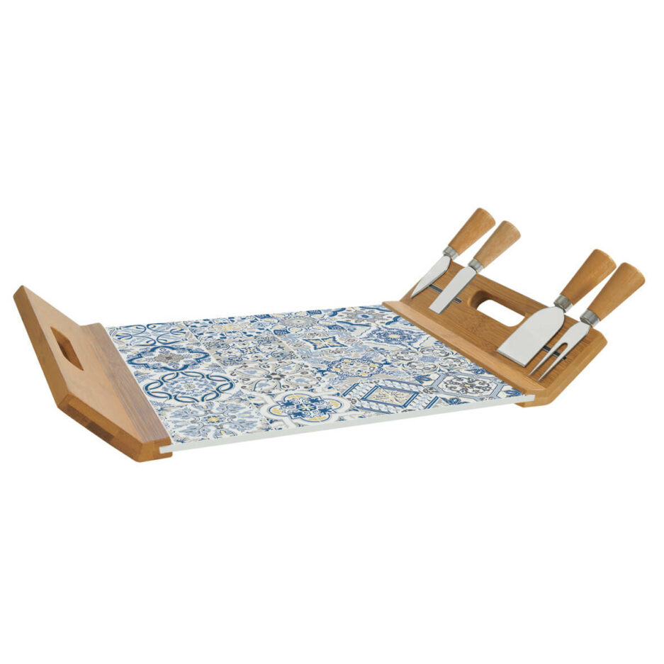 Vassoio servi-formaggio 44x28 in bamboo con base di vetro e 4 coltelli CASA DECO